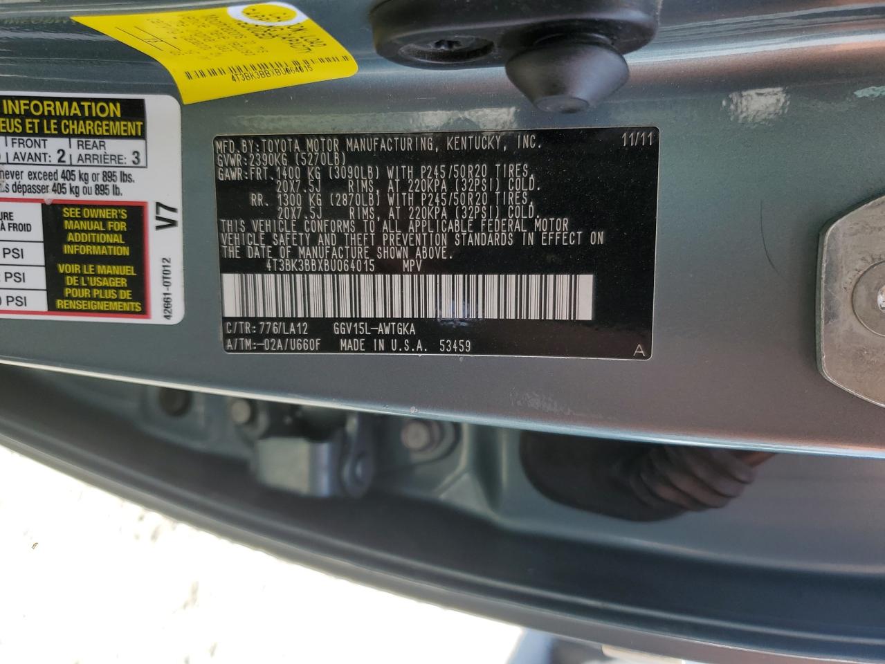 2011 Toyota Venza VIN: 4T3BK3BBXBU064015 Lot: 60702505