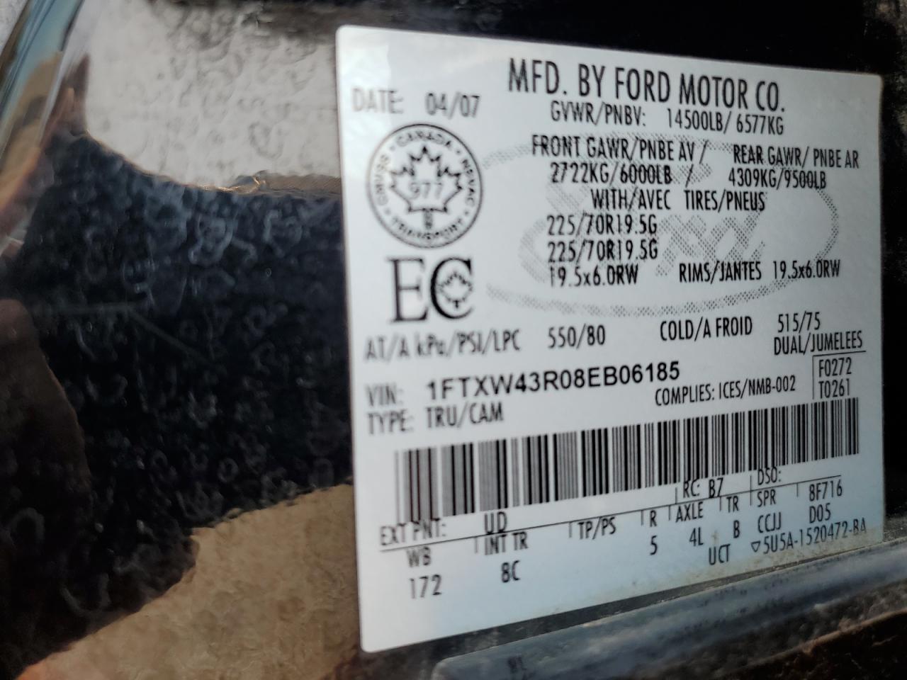 2008 Ford Super Duty F-450 W/D VIN: 1FTXW43R08EB06185 Lot: 59759885