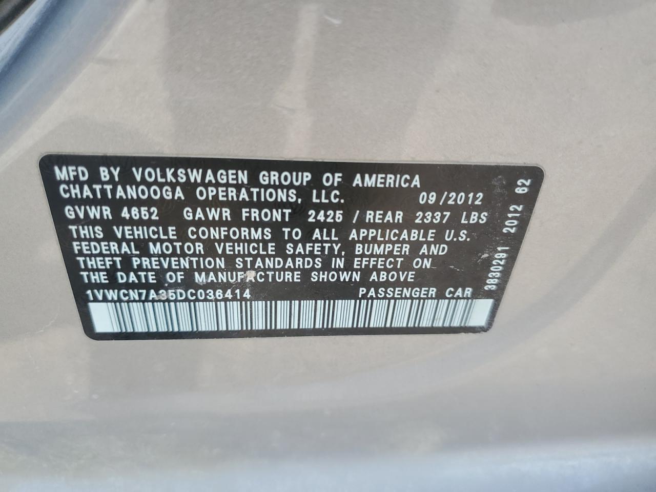 2013 Volkswagen Passat Sel VIN: 1VWCN7A35DC036414 Lot: 63101285