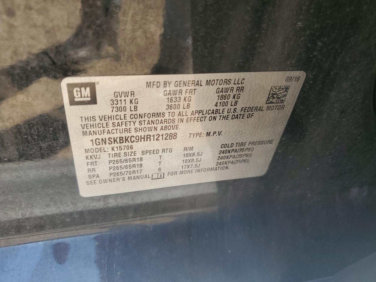 2017 Chevrolet Tahoe K1500 Lt VIN: 1GNSKBKC9HR121288 Lot: 62121315