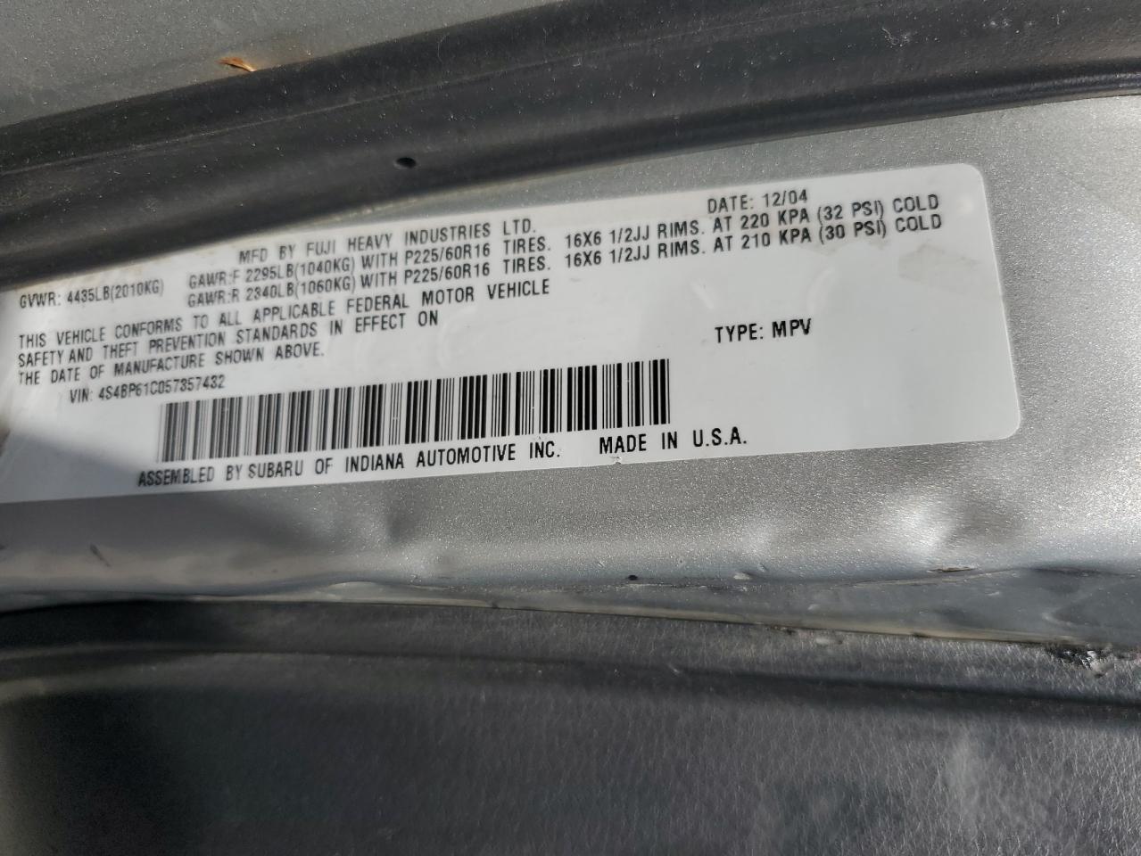 2005 Subaru Legacy Outback 2.5I VIN: 4S4BP61C057357432 Lot: 62715765