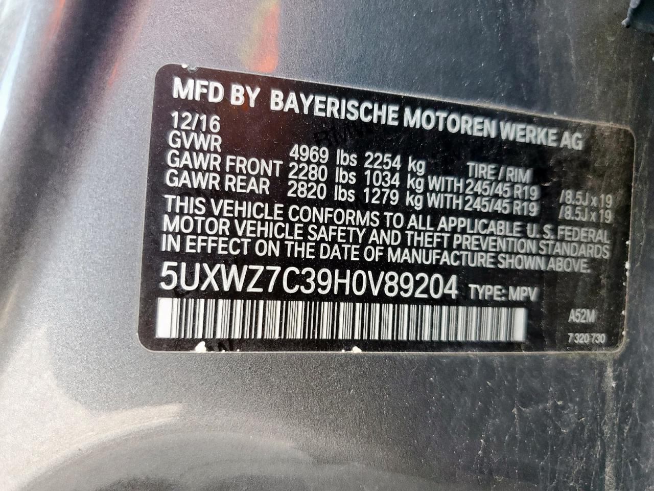BMW X3 2017 VIN 5UXWZ7C39H0V89204 zdjęcie 13