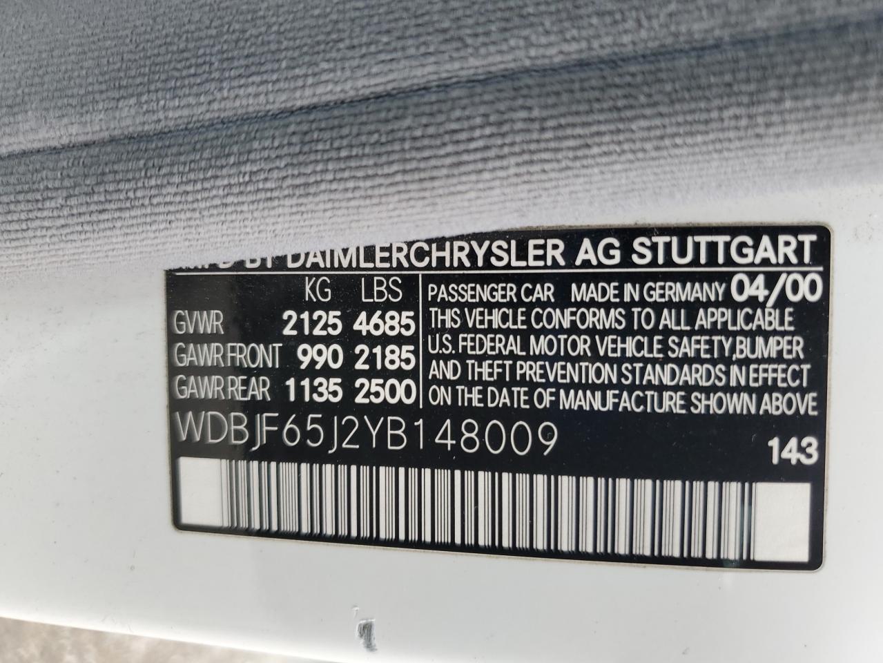2000 Mercedes-Benz E 320 VIN: WDBJF65J2YB148009 Lot: 61628865