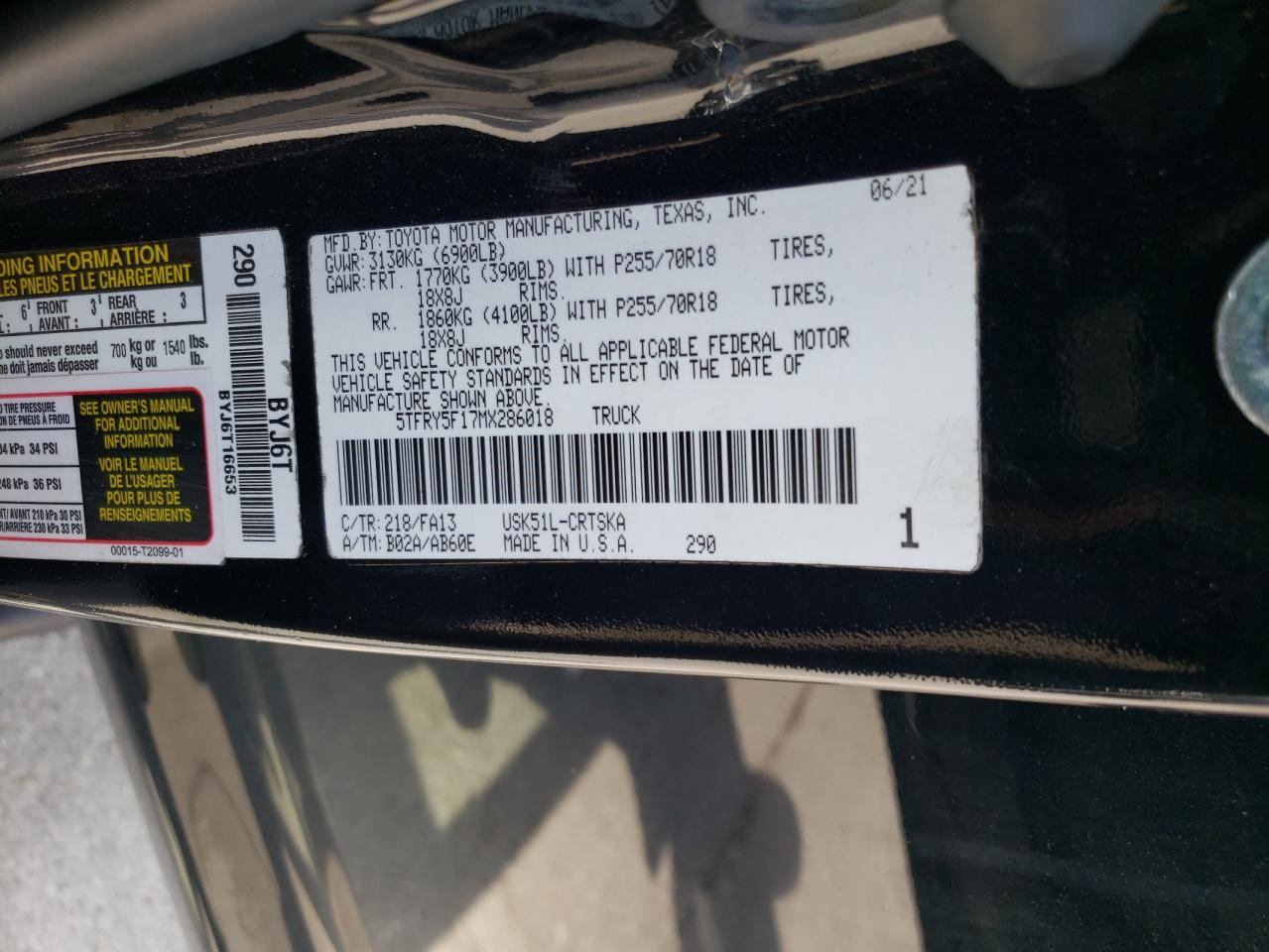 2021 Toyota Tundra Double Cab Sr VIN: 5TFRY5F17MX286018 Lot: 61780125