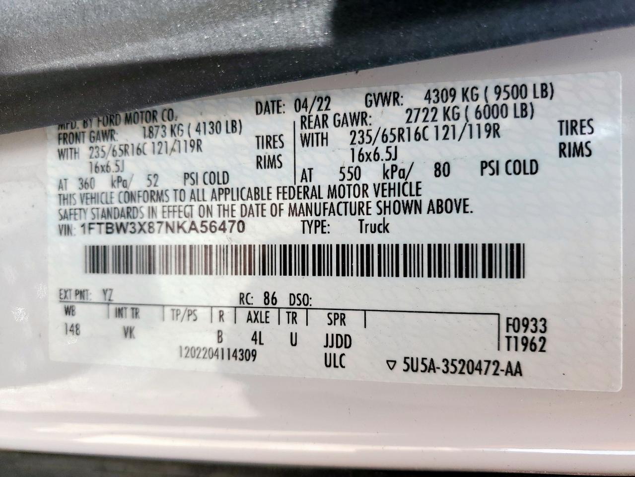 2022 Ford Transit T-350 VIN: 1FTBW3X87NKA56470 Lot: 60752175
