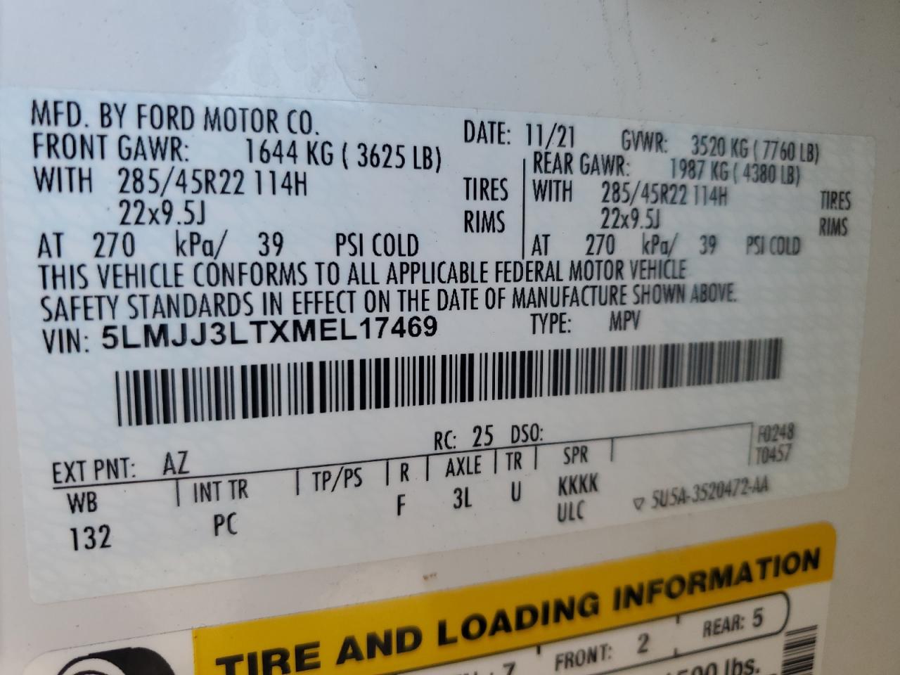 2021 Lincoln Navigator L Reserve VIN: 5LMJJ3LTXMEL17469 Lot: 61972145