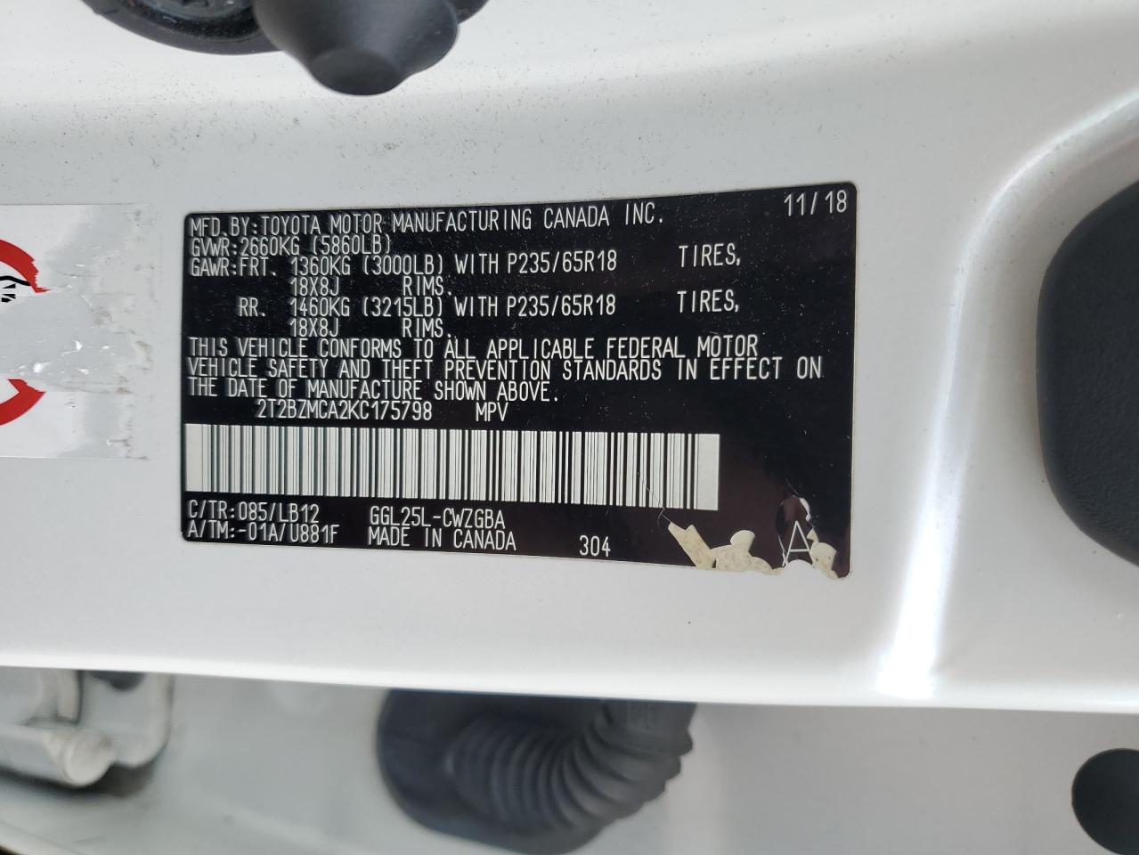 2019 Lexus Rx 350 Base VIN: 2T2BZMCA2KC175798 Lot: 61827575