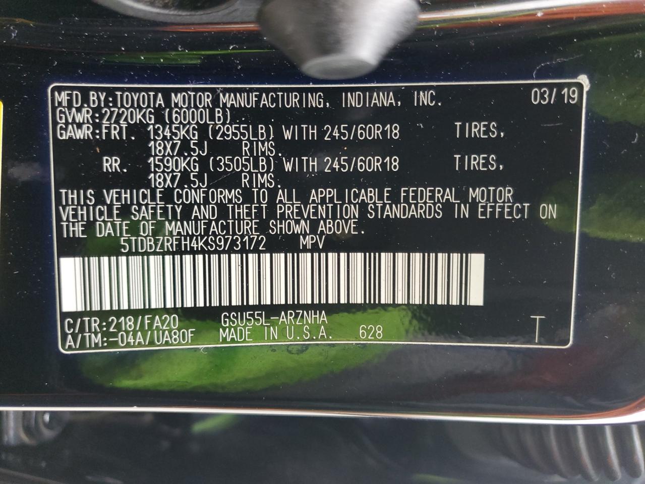 2019 Toyota Highlander Le VIN: 5TDBZRFH4KS973172 Lot: 61799085