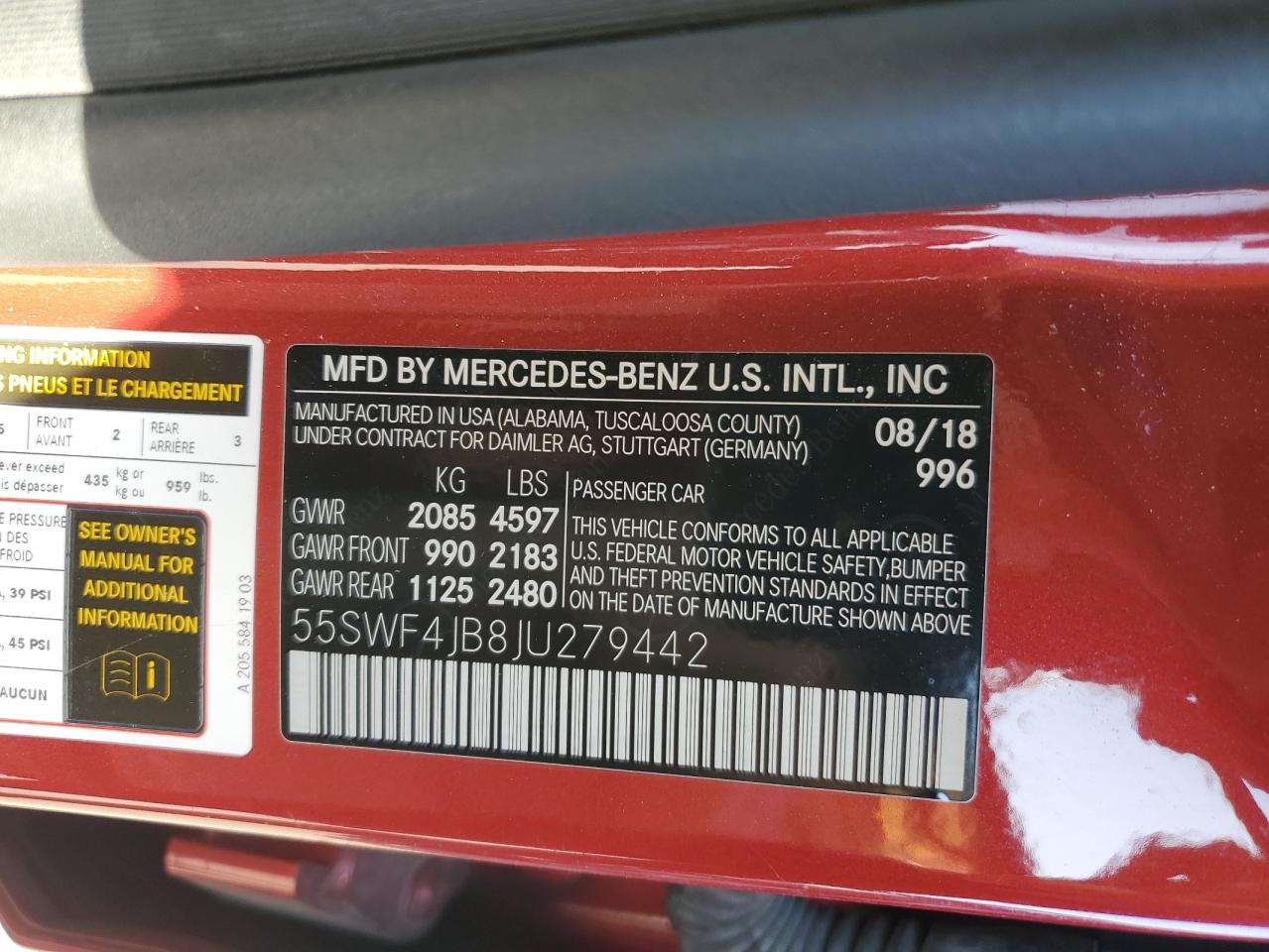 2018 Mercedes-Benz C 300 VIN: 55SWF4JB8JU279442 Lot: 60338015