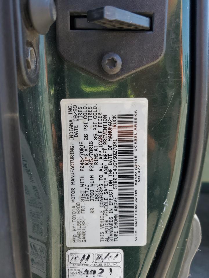 2000 Toyota Tundra Access Cab VIN: 5TBRT3416YS027031 Lot: 61985545