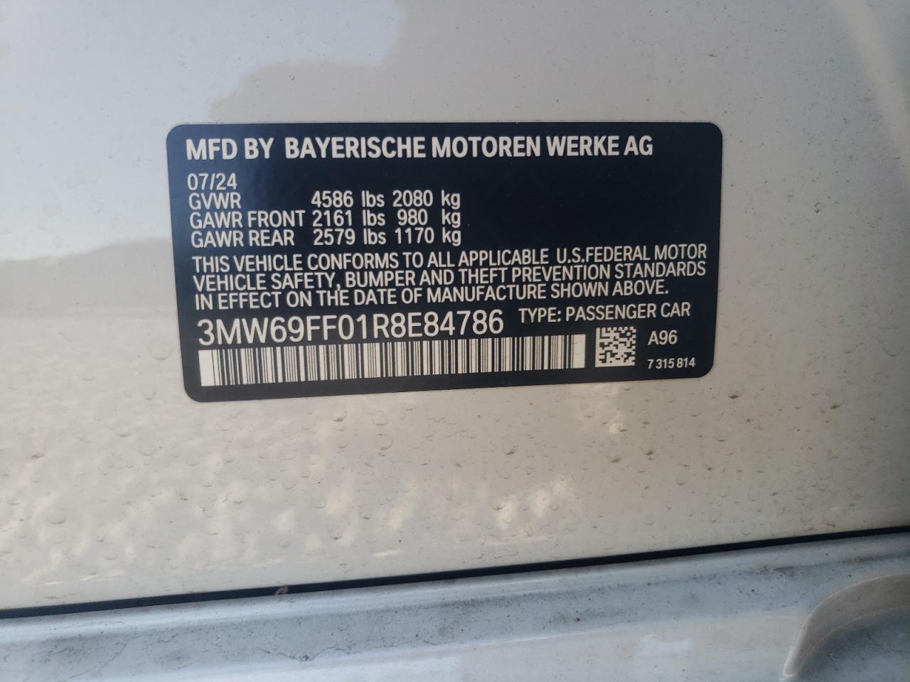 2024 BMW 330I VIN: 3MW69FF01R8E84786 Lot: 61149455