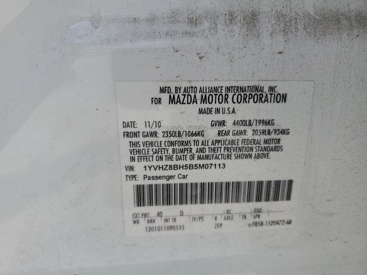 2011 Mazda 6 I VIN: 1YVHZ8BH5B5M07113 Lot: 62854965