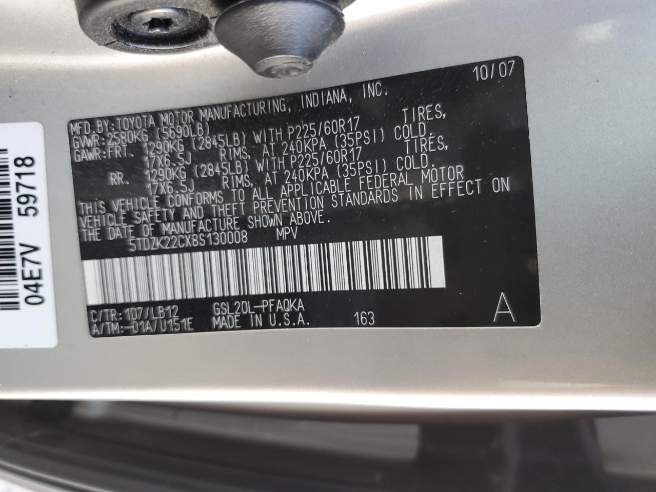 2008 Toyota Sienna Xle VIN: 5TDZK22CX8S130008 Lot: 61432595