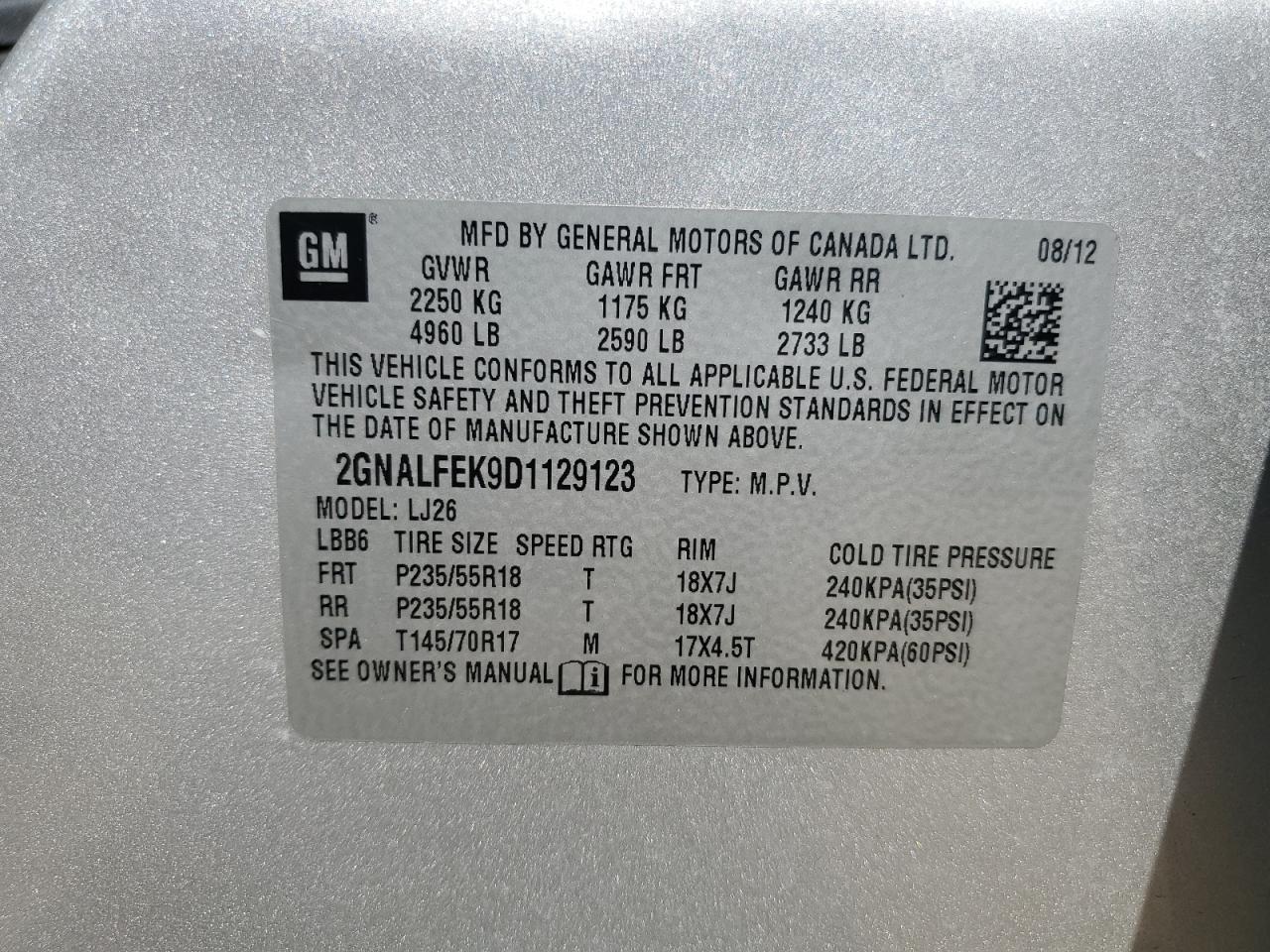 CHEVROLET EQUINOX 2013 VIN 2GNALFEK9D1129123 фото 13