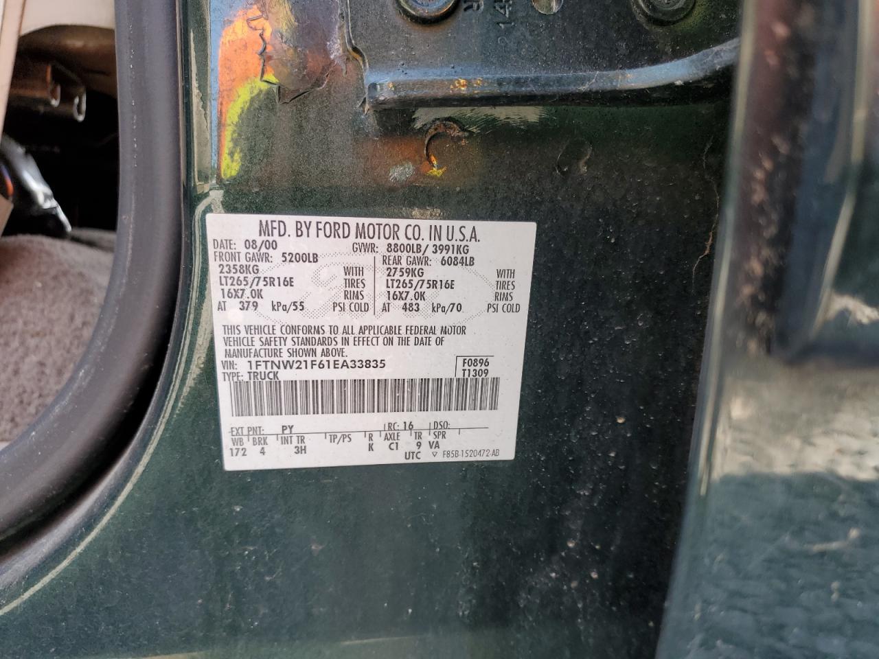 2001 Ford F250 Super Duty VIN: 1FTNW21F61EA33835 Lot: 61712135