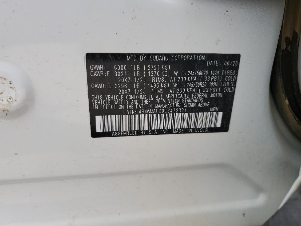 2020 Subaru Ascent Limited VIN: 4S4WMAPD0L3472324 Lot: 61414455