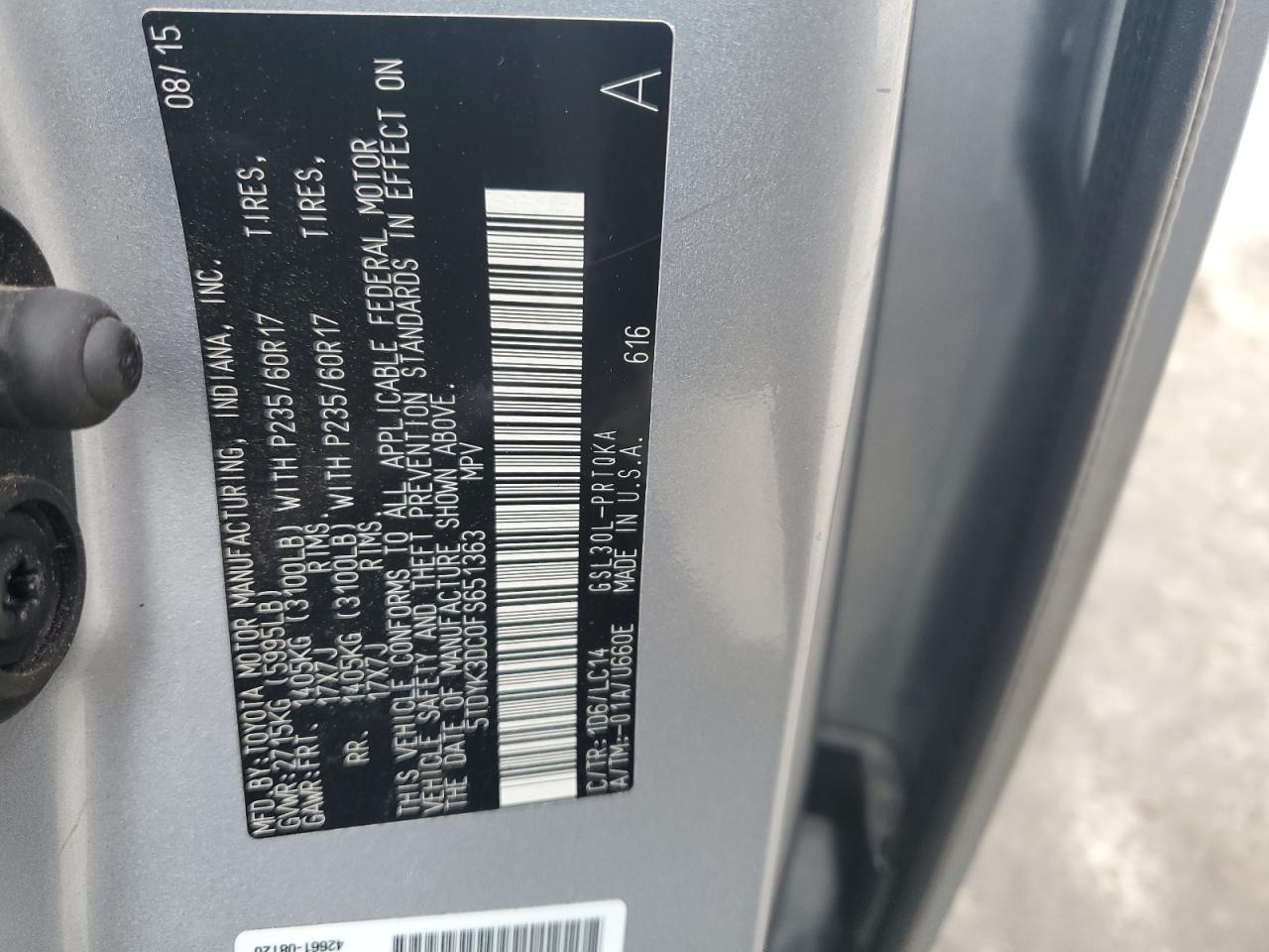 2015 Toyota Sienna Xle VIN: 5TDYK3DC0FS651363 Lot: 62499895