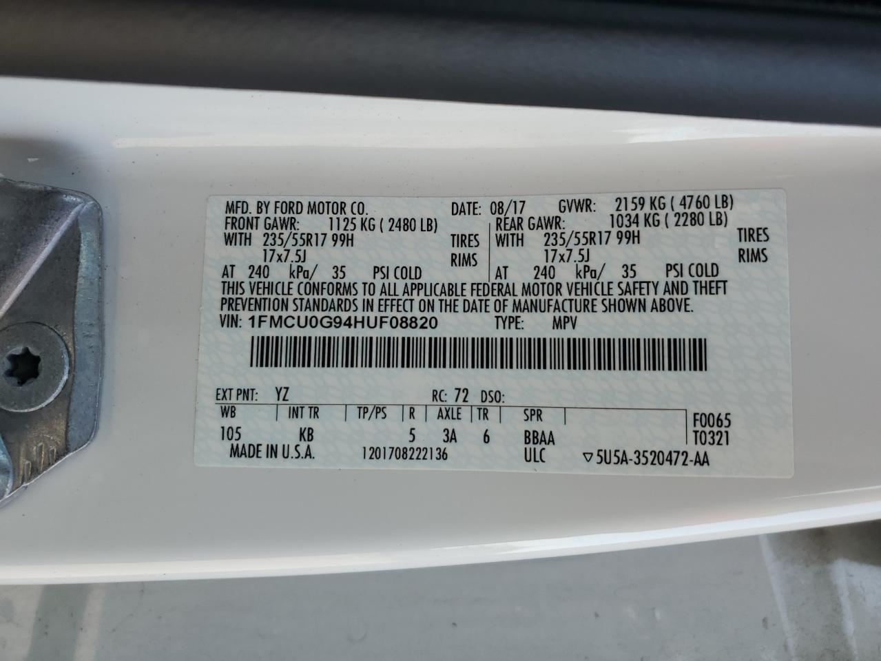 2017 Ford Escape Se VIN: 1FMCU0G94HUF08820 Lot: 63057705