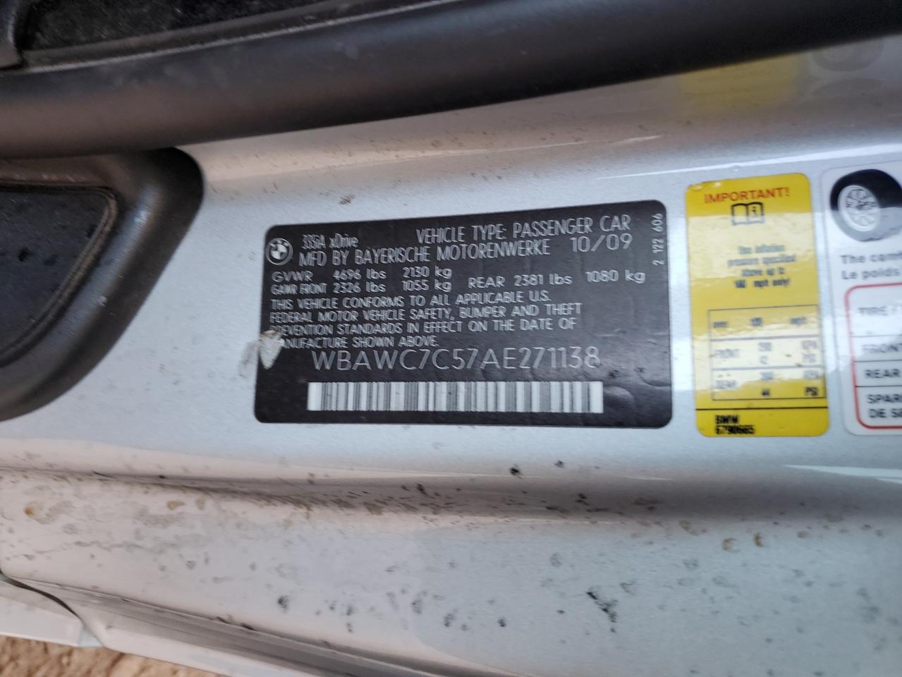 2010 BMW 335 Xi VIN: WBAWC7C57AE271138 Lot: 62582715