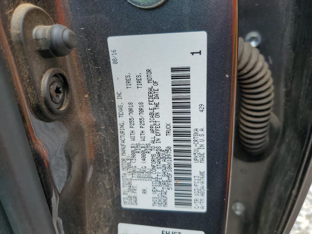 2017 Toyota Tundra Double Cab Sr VIN: 5TFRM5F10HX109750 Lot: 61017985