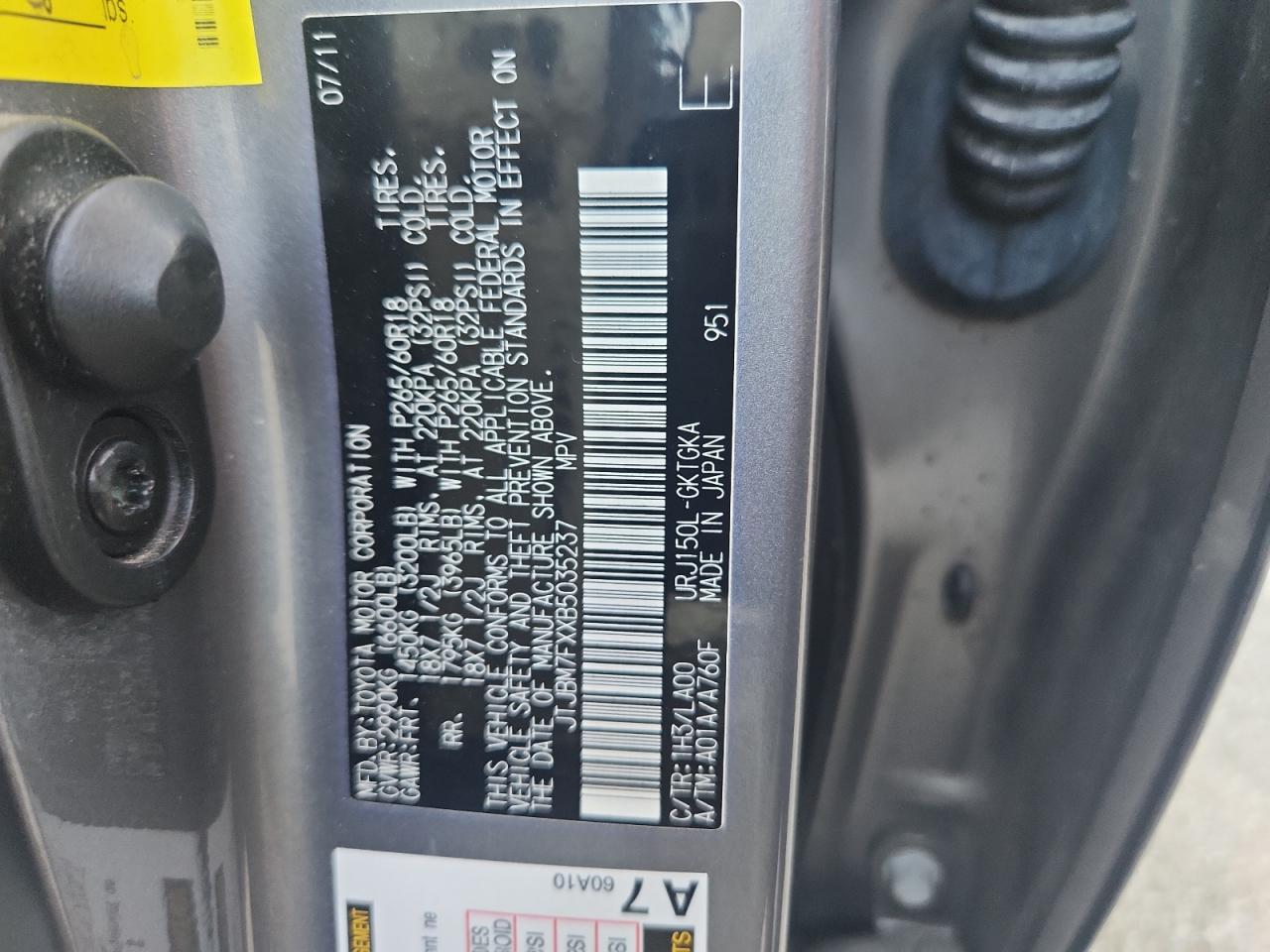 2011 Lexus Gx 460 VIN: JTJBM7FXXB5035237 Lot: 62081625