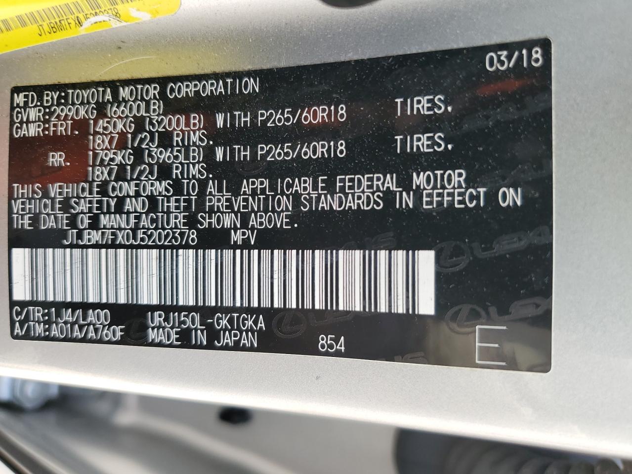 2018 Lexus Gx 460 VIN: JTJBM7FX0J5202378 Lot: 61744105