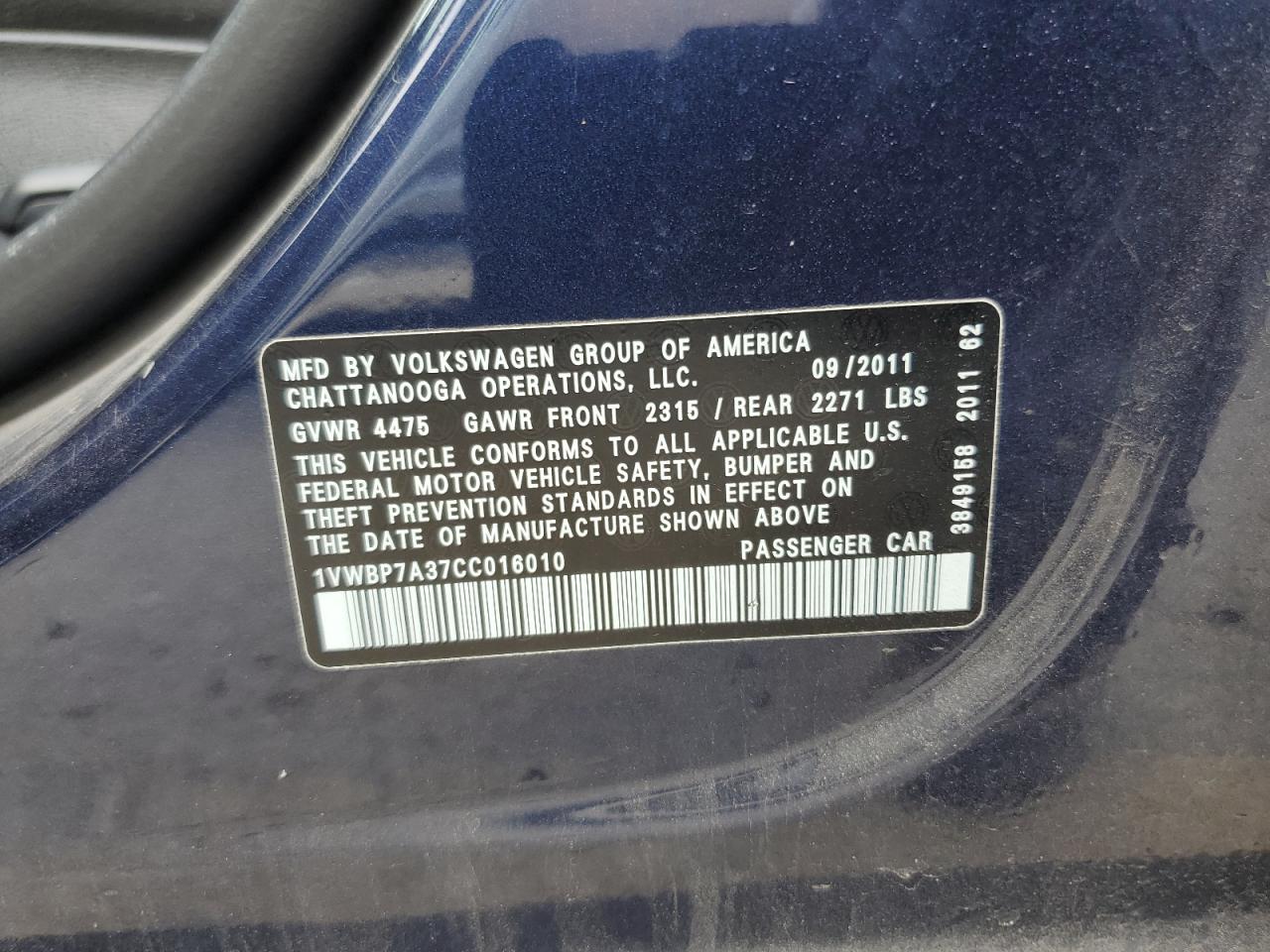 2012 Volkswagen Passat Se VIN: 1VWBP7A37CC016010 Lot: 61263345