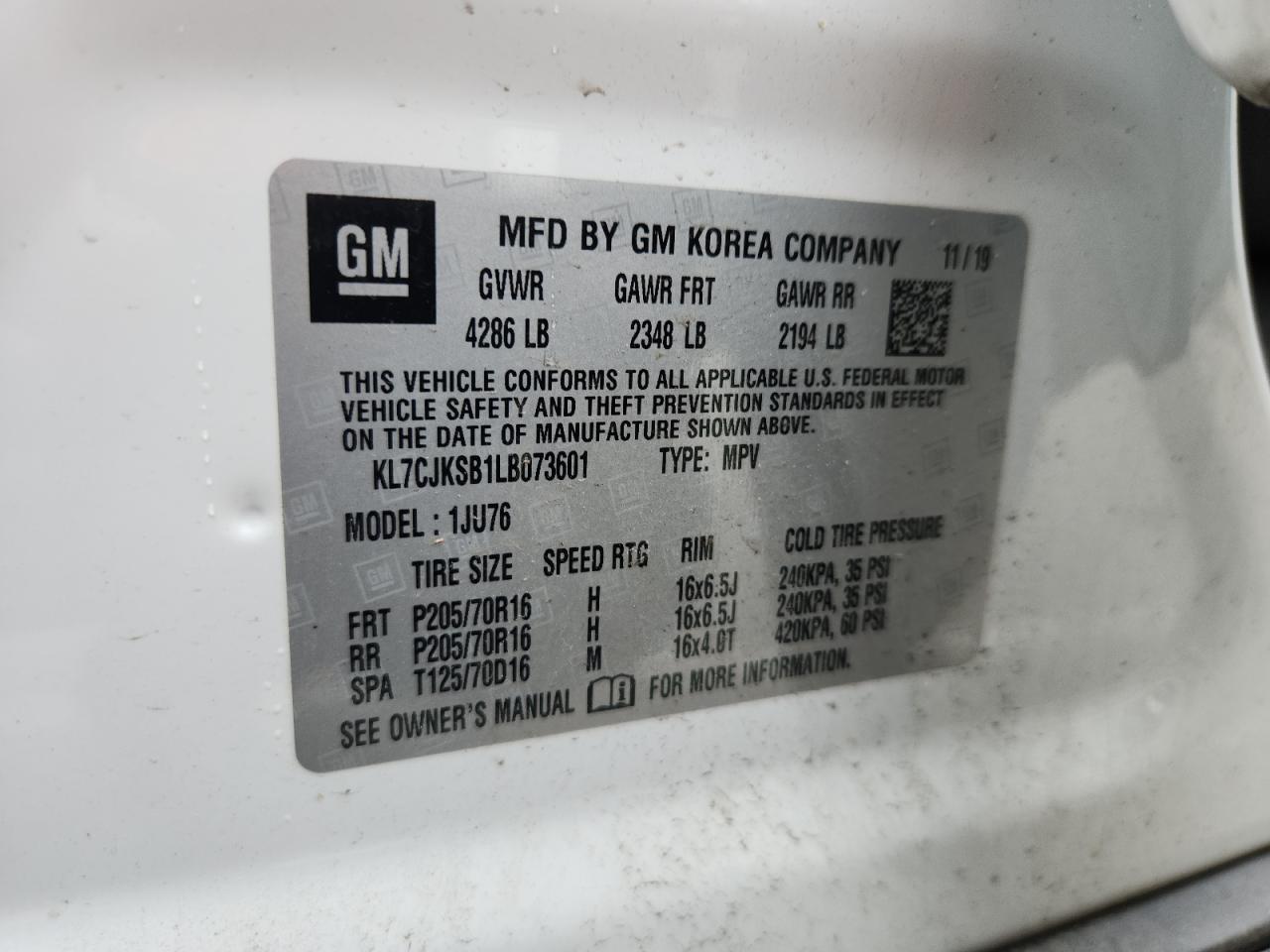 CHEVROLET TRAX 2020 VIN KL7CJKSB1LB073601 zdjęcie 12