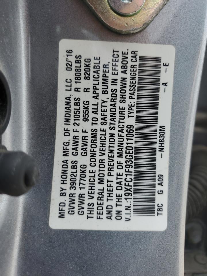 2016 Honda Civic Touring VIN: 19XFC1F93GE011069 Lot: 59951435