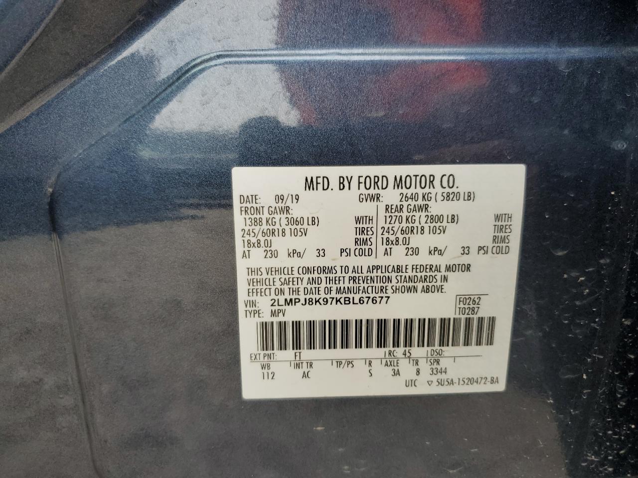 2019 Lincoln Nautilus Select VIN: 2LMPJ8K97KBL67677 Lot: 62775035