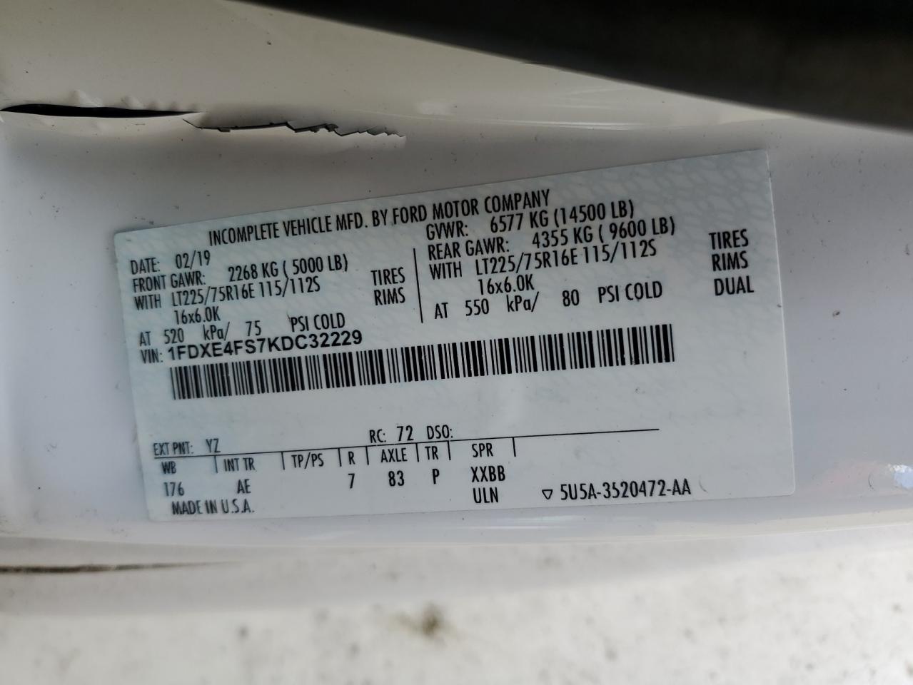 2019 Ford Econoline E450 Super Duty Cutaway Van VIN: 1FDXE4FS7KDC32229 Lot: 60722735