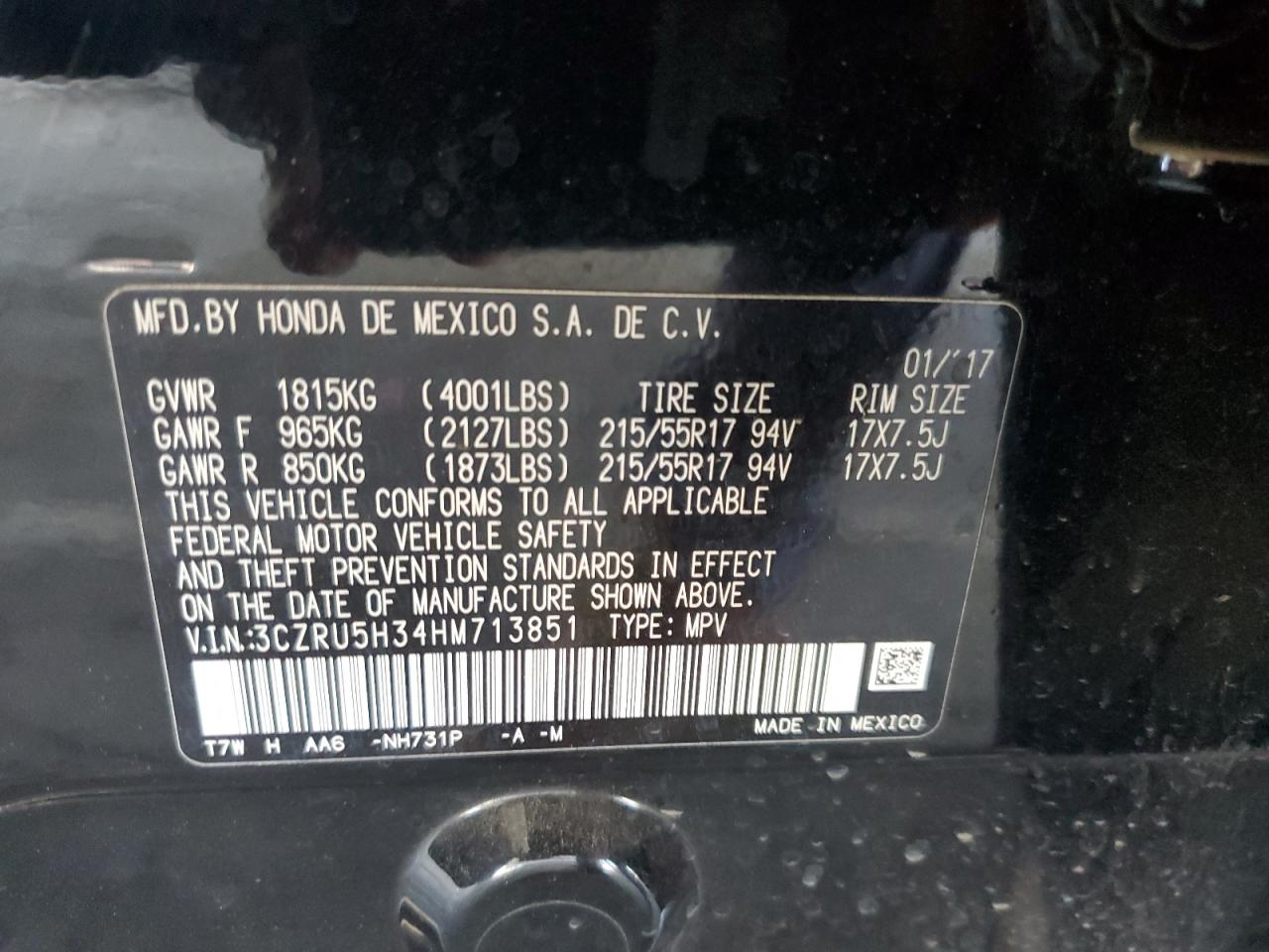2017 Honda Hr-V Lx VIN: 3CZRU5H34HM713851 Lot: 63061135