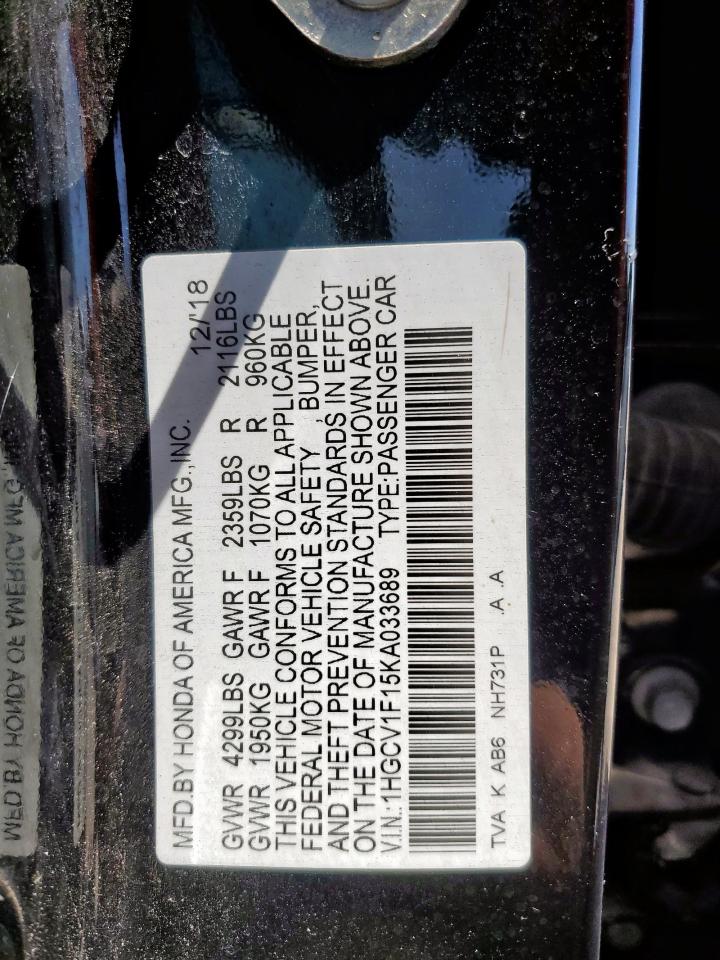 2019 Honda Accord Lx VIN: 1HGCV1F15KA033689 Lot: 62866135