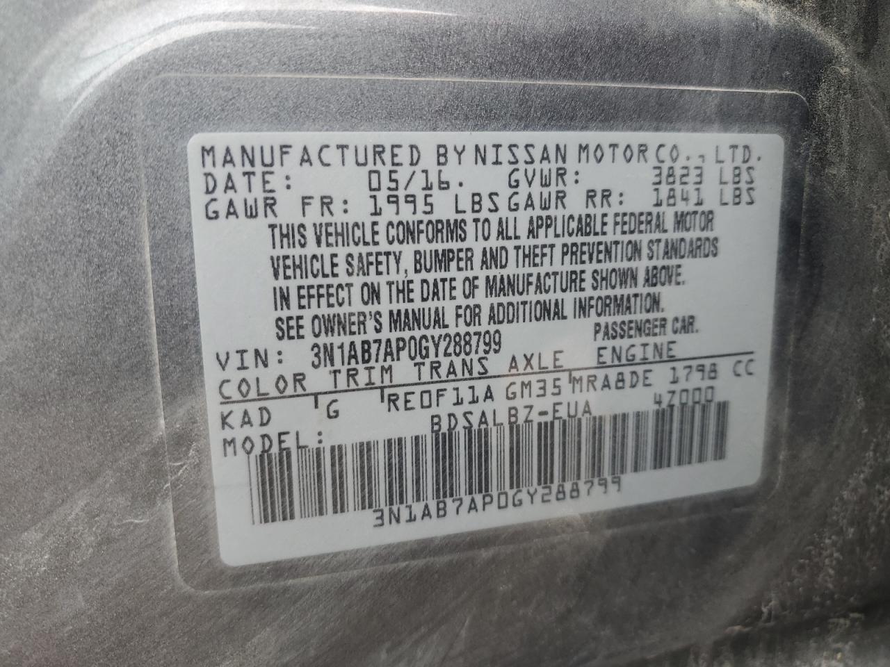 2016 Nissan Sentra S VIN: 3N1AB7AP0GY288799 Lot: 61401305