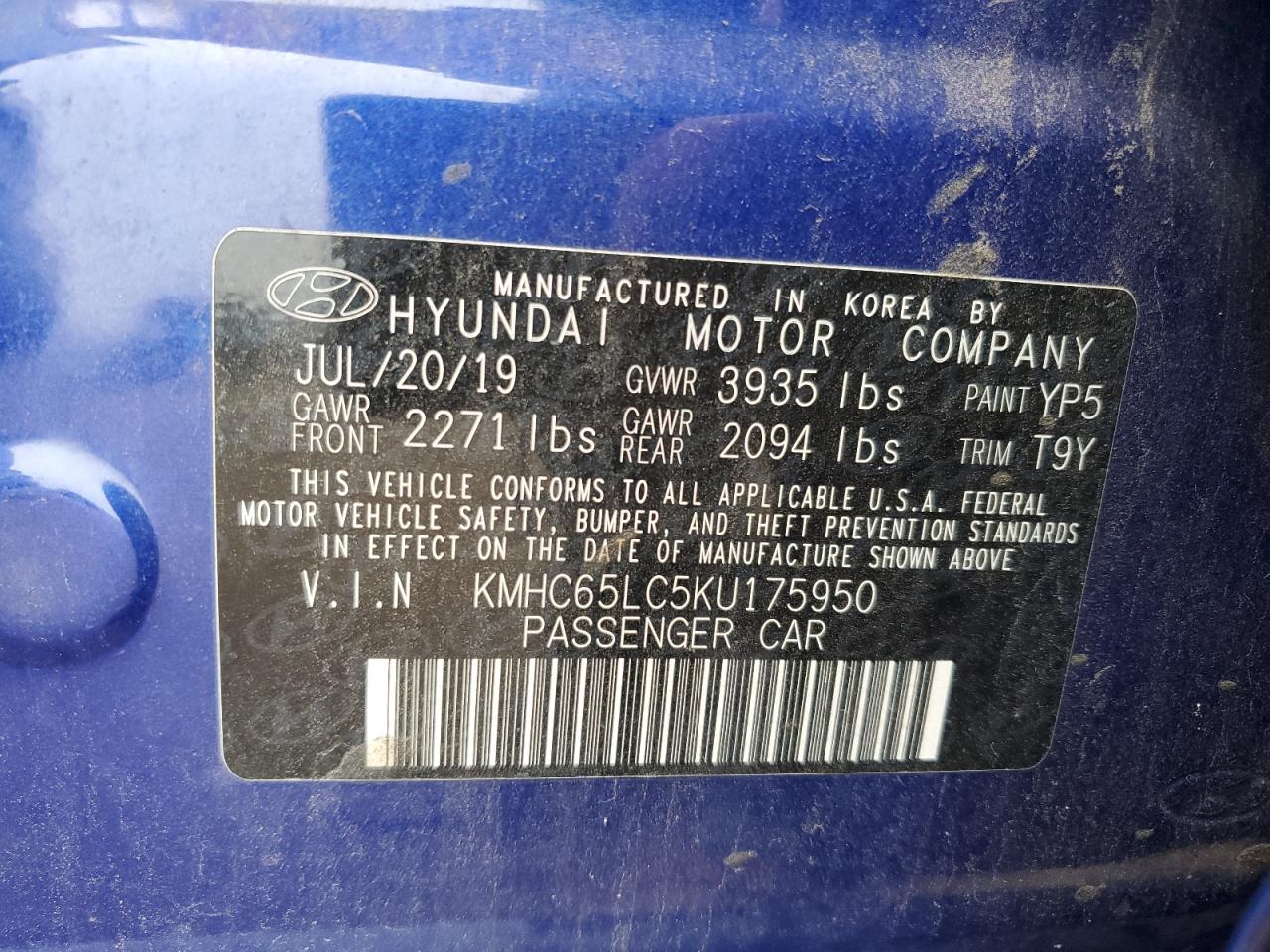 2019 Hyundai Ioniq Blue VIN: KMHC65LC5KU175950 Lot: 61527795