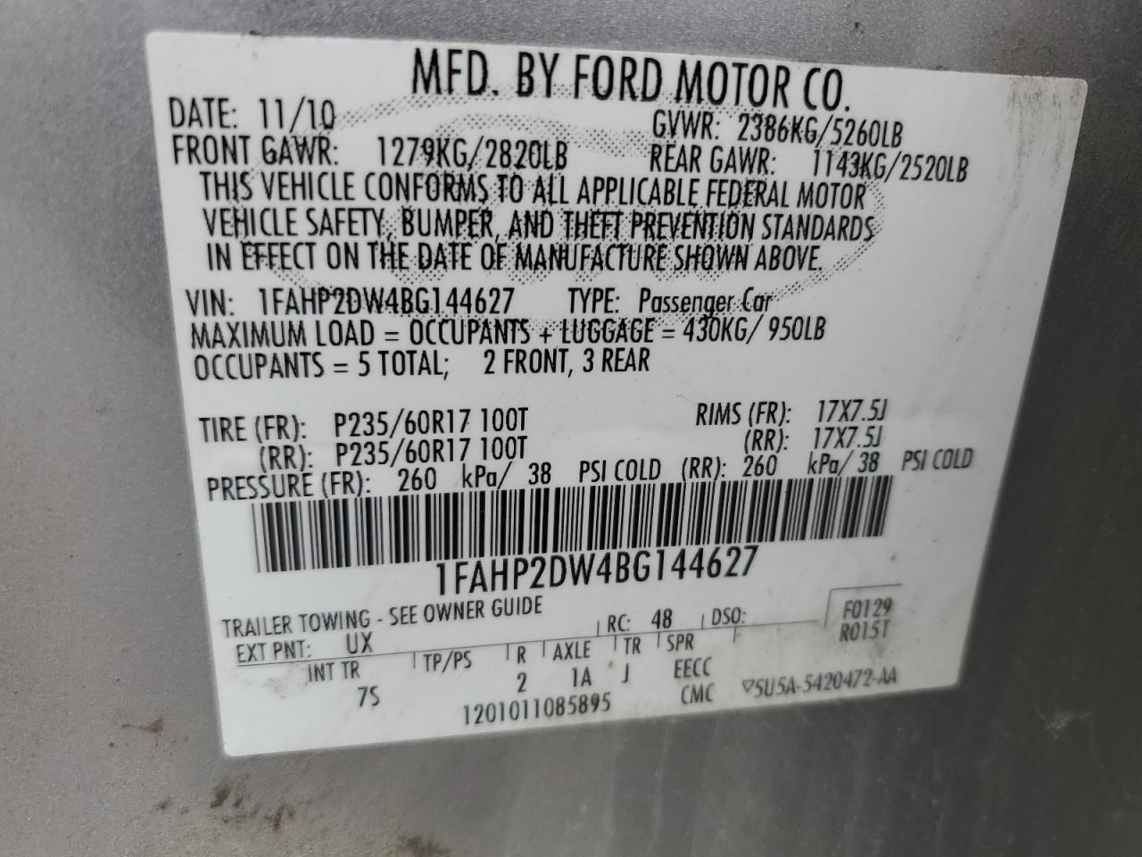 2011 Ford Taurus Se VIN: 1FAHP2DW4BG144627 Lot: 60568675