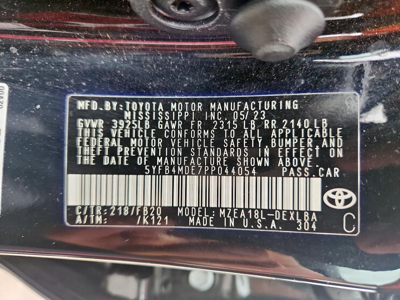 2023 Toyota Corolla Le VIN: 5YFB4MDE7PP044054 Lot: 60721465