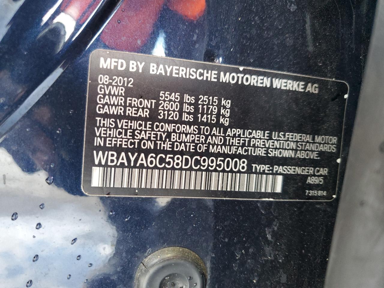 2013 BMW 740 I VIN: WBAYA6C58DC995008 Lot: 62008795