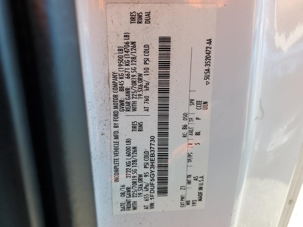 2017 Ford F550 Super Duty VIN: 1FDUF5GY3HEB37730 Lot: 60878165