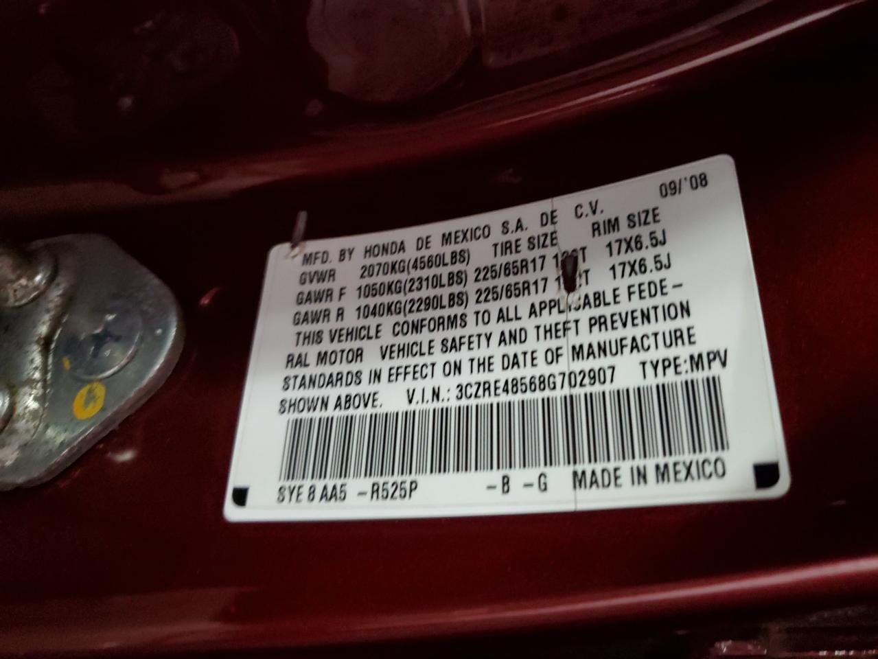 2008 Honda Cr-V Ex VIN: 3CZRE48568G702907 Lot: 63065395