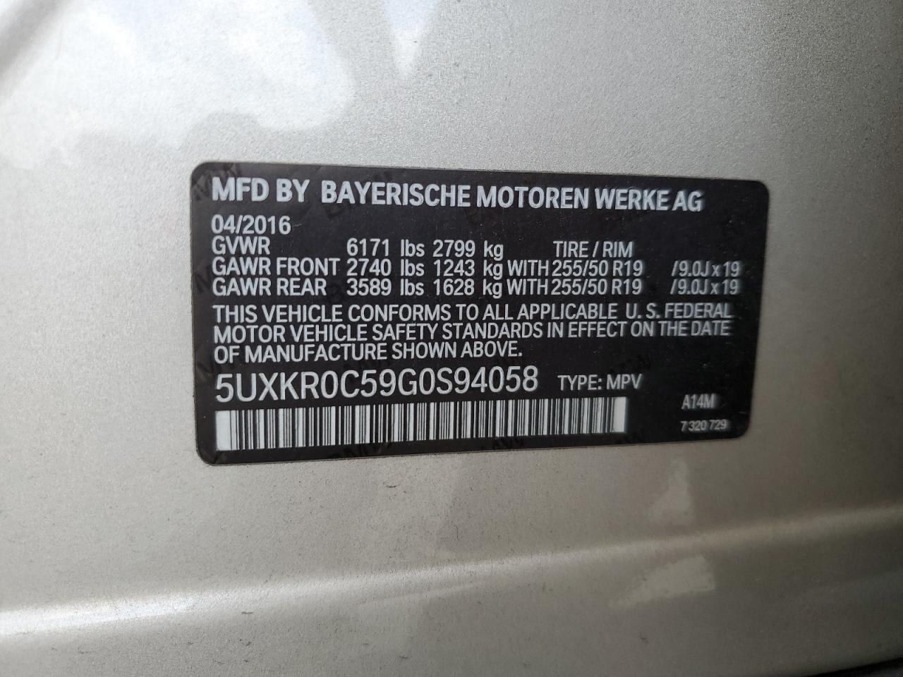 2016 BMW X5 xDrive35I VIN: 5UXKR0C59G0S94058 Lot: 61624005