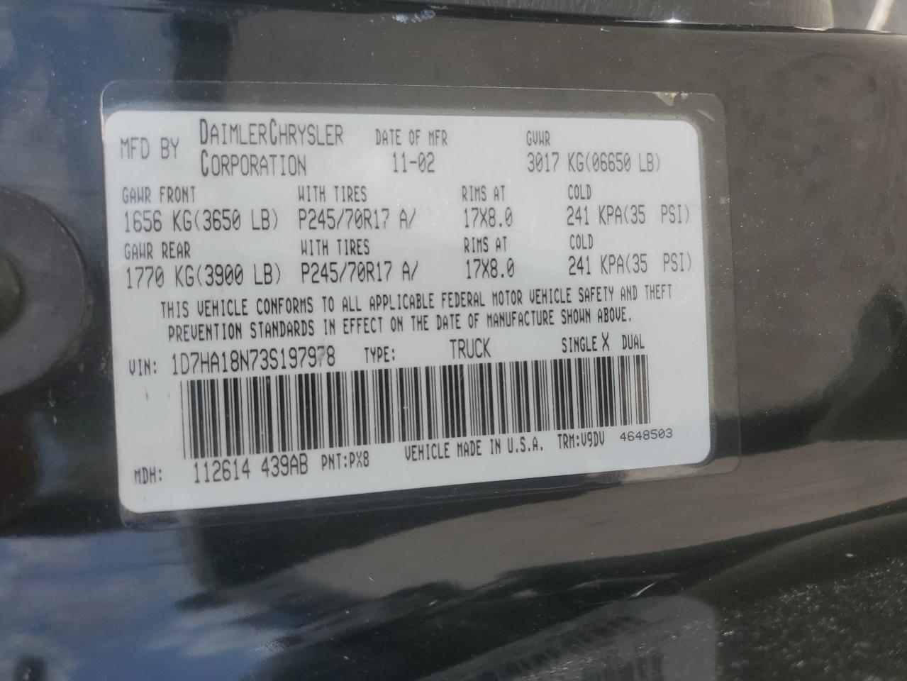 2003 Dodge Ram 1500 St VIN: 1D7HA18N73S197978 Lot: 63238125