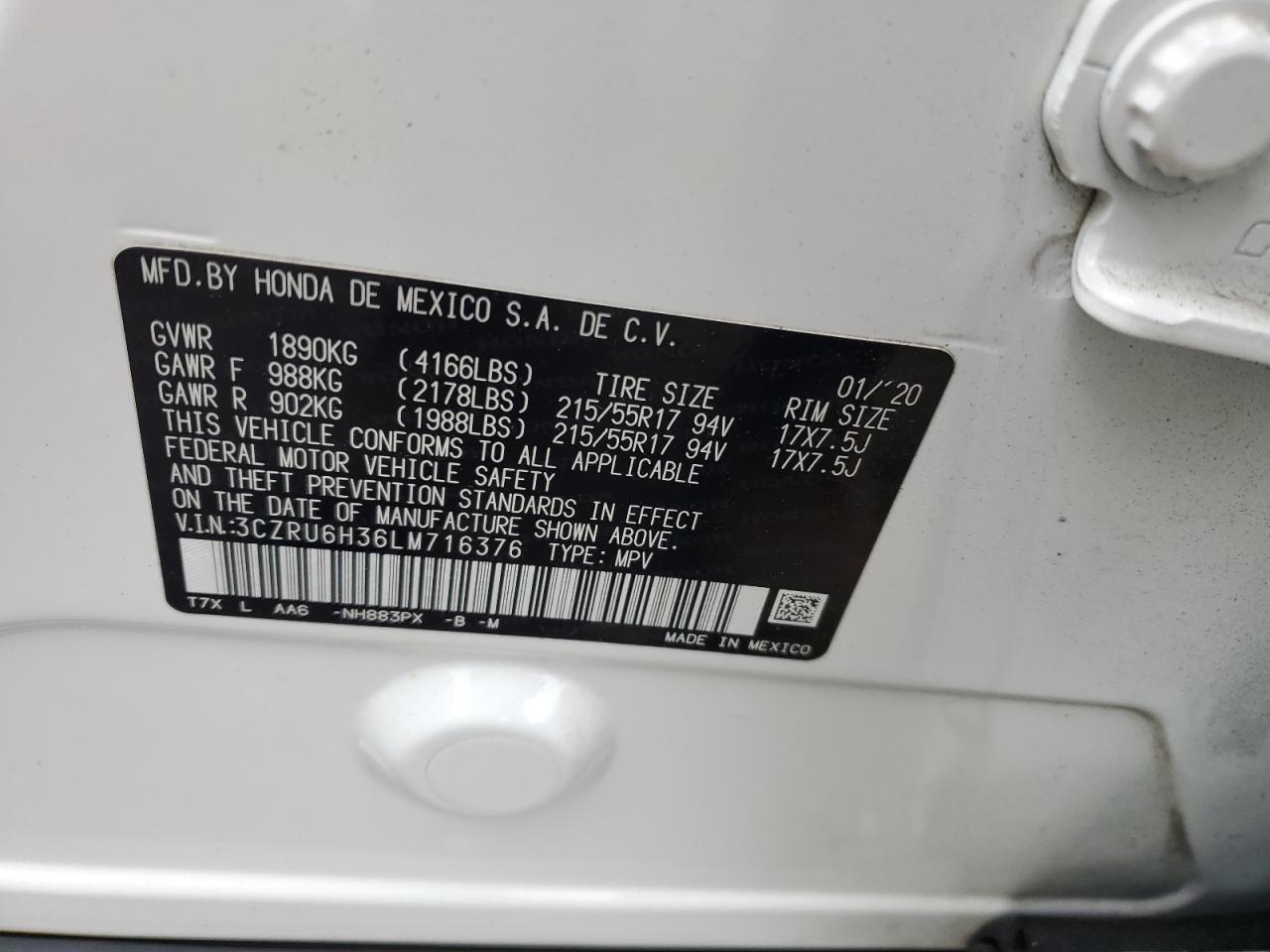HONDA HR-V 2020 VIN 3CZRU6H36LM716376 zdjęcie 13
