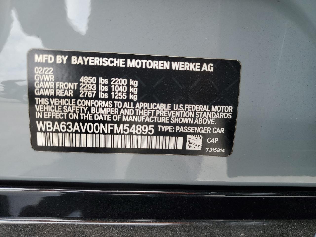 2022 BMW 430I Gran Coupe VIN: WBA63AV00NFM54895 Lot: 59437215