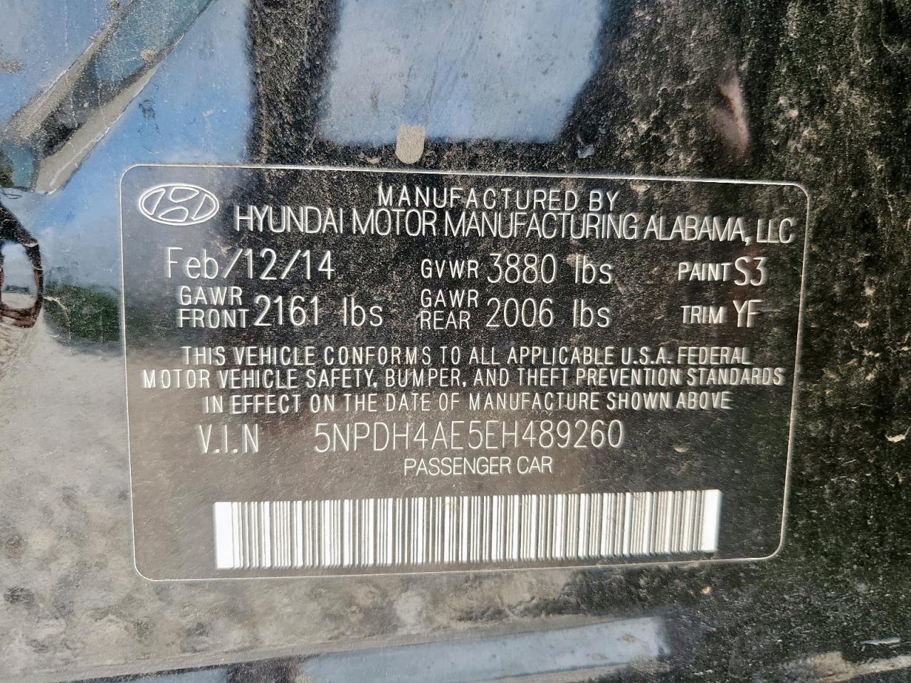 2014 Hyundai Elantra Se VIN: 5NPDH4AE5EH489260 Lot: 60067895