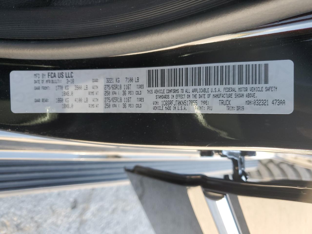 2019 Ram 1500 Laramie VIN: 1C6SRFJT0KN517855 Lot: 60310435