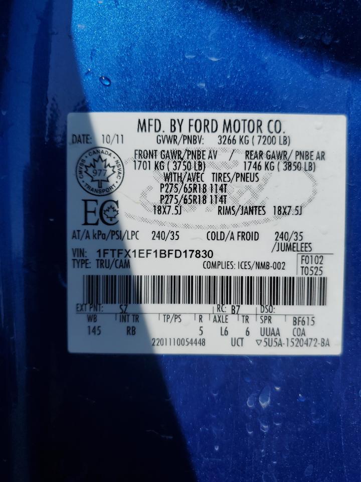 2011 Ford F150 Super Cab VIN: 1FTFX1EF1BFD17830 Lot: 61196495