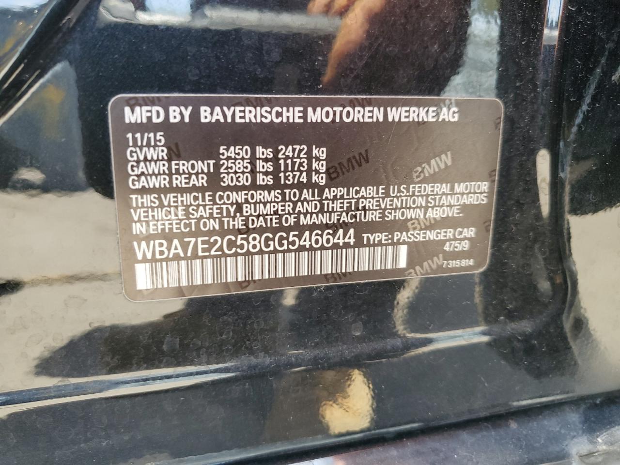 2016 BMW 740 I VIN: WBA7E2C58GG546644 Lot: 58955835