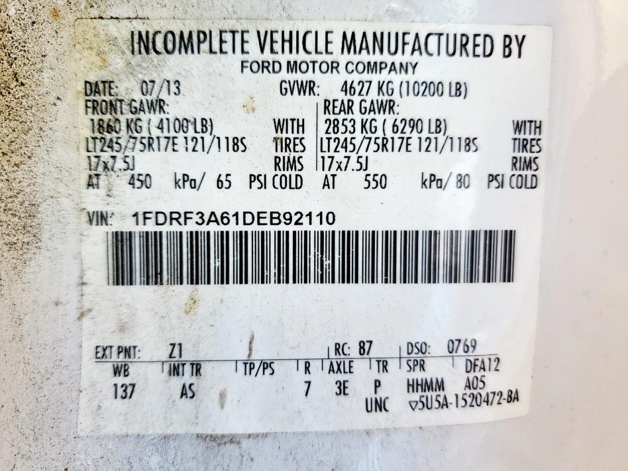 2013 Ford F350 Super VIN: 1FDRF3A61DEB92110 Lot: 85060805