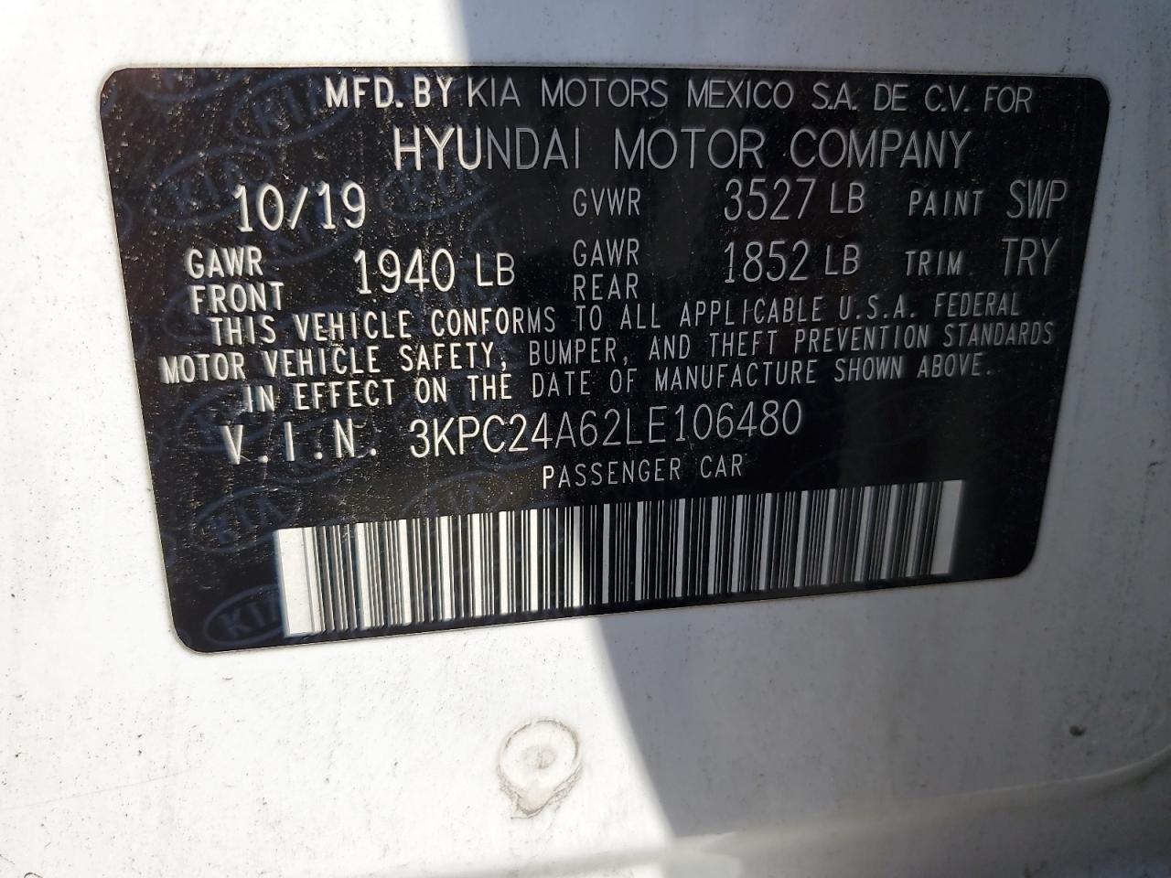 2020 Hyundai Accent Se VIN: 3KPC24A62LE106480 Lot: 62368405